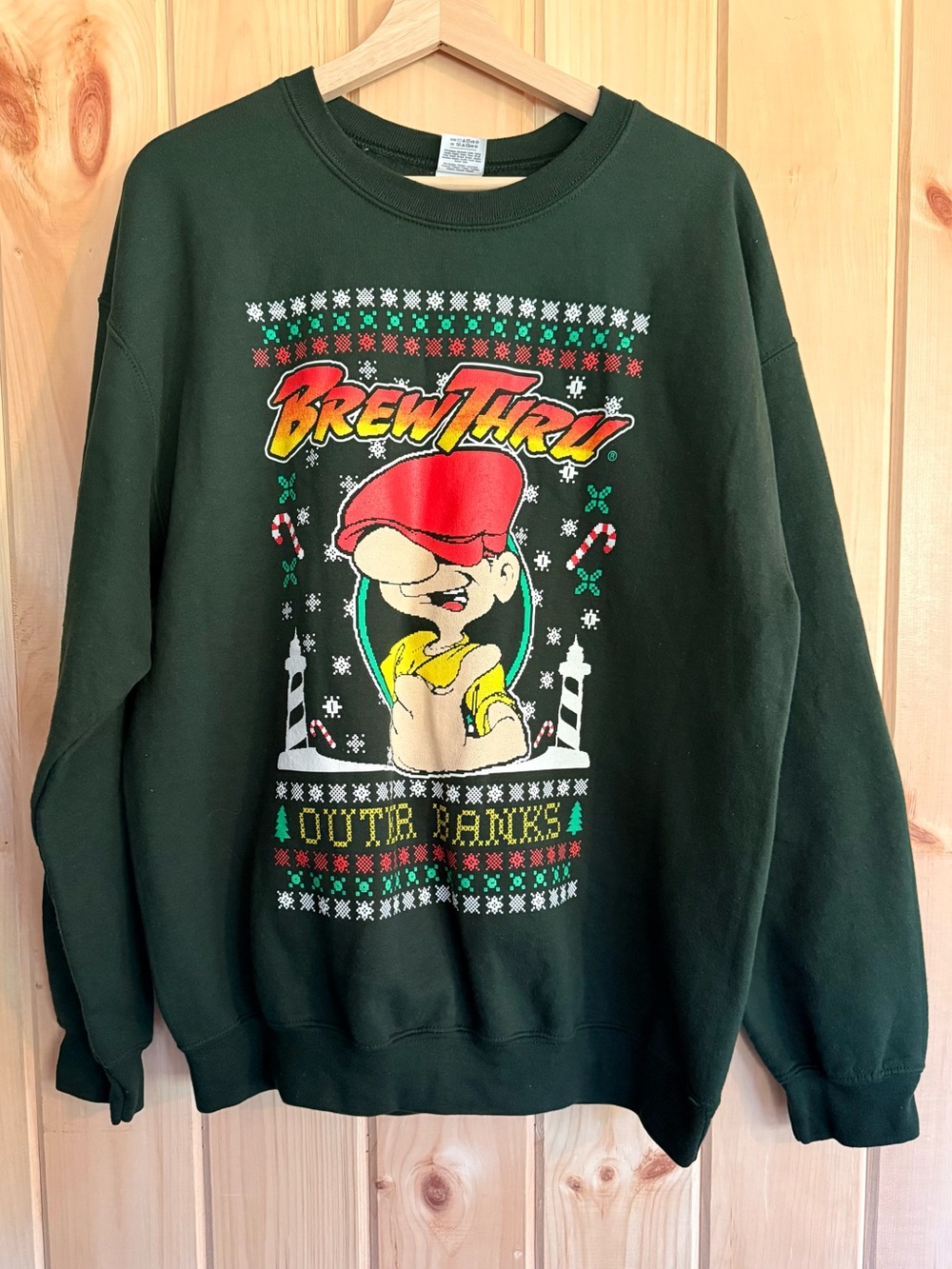 Brew Thru Outer Banks OBX Green Ugly Christmas Sweatshirt Large